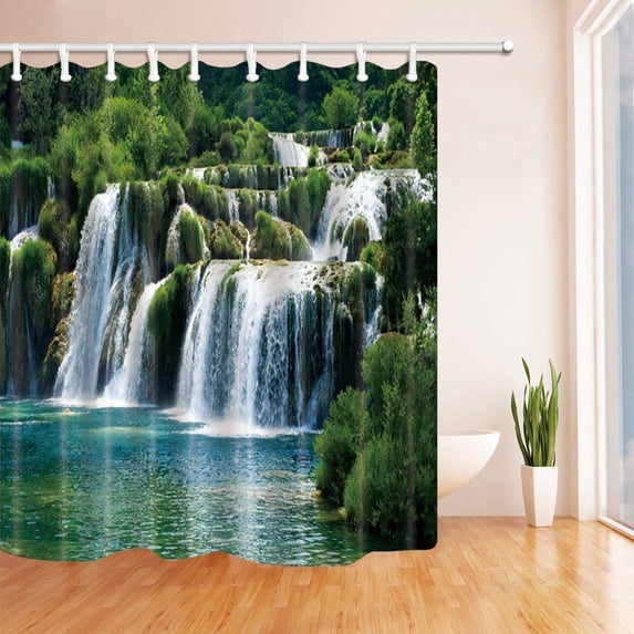 WOPOP 3D Digital Printing Waterfall Decor Waterfall in Tropic Rainforest Polyester Fabric Bath Curtain, Bathroom Shower Curtain 66x72 inches