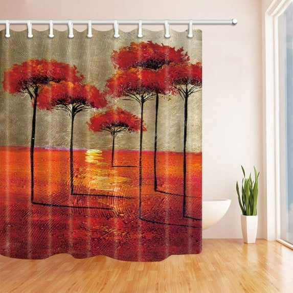 WOPOP Abstract Home Red Pine Forest Oil Painting Pint Polyester Fabric Bath Curtain, Bathroom Shower Curtain 66x72 inches