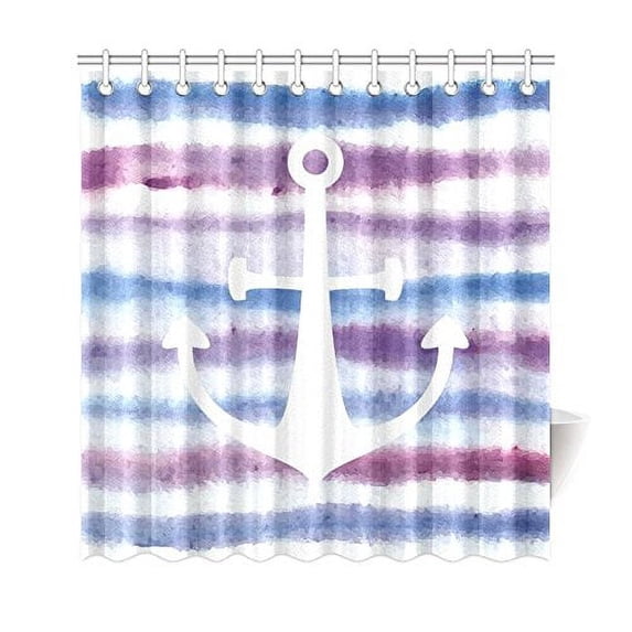 WOPOP Anchor on Watercolor Stripes Shower Curtain,Blue Purple Striped Polyester Fabric Shower Curtain Bathroom Sets 66x72 Inches
