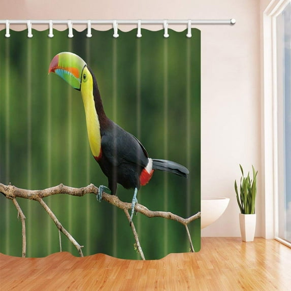 WOPOP Animal Decor Toucan Bird on Wooden in Green Polyester Fabric Bathroom Shower Curtain 66x72 inches