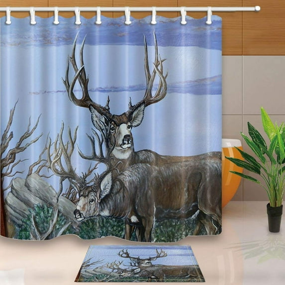 WOPOP Animal Oil Paintings Reindeer Shower Curtain 66x72 inches with Floor Doormat Bath Rugs 15.7x23.6 inches