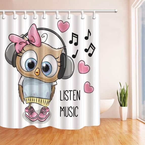 WOPOP Animals Owl Listen to Music with Headphones Polyester Fabric Bathroom Shower Curtain 66x72 inches