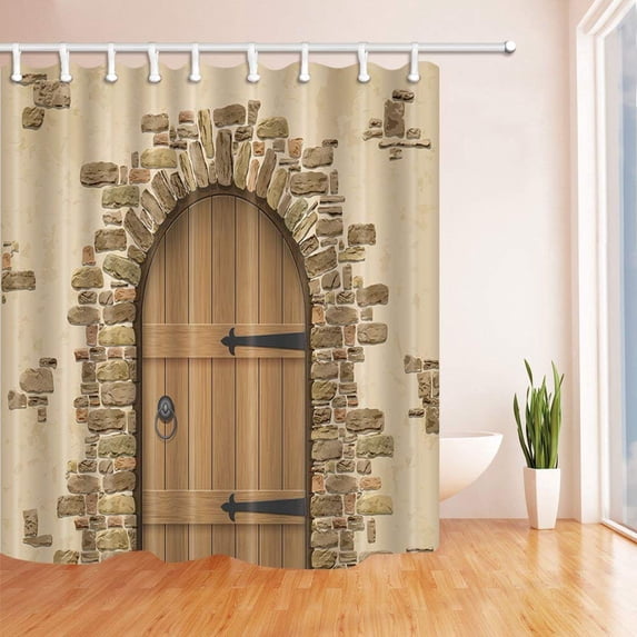 WOPOP Arch of Stone with Closed Wooden Door to the Wine Cellar Polyester Fabric Bathroom Shower Curtain 66x72 inches
