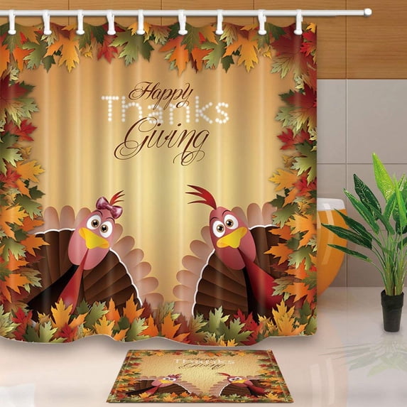 WOPOP Autumn Flower Funny Turkeys in Leaves for Thanksgiving Shower Curtain 66x72 inches with Floor Doormat Bath Rugs 15.7x23.6 inches