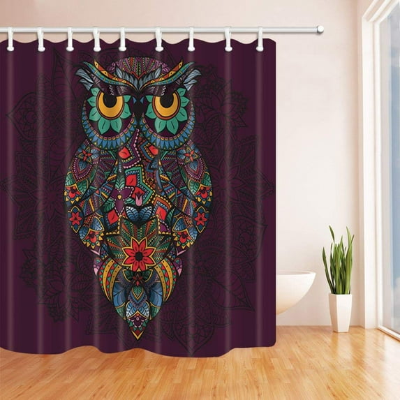 WOPOP Bird Illustrated in Tribal Decor Owl Whih Flowers Black Polyester Fabric Bathroom Shower Curtain 66x72 inches
