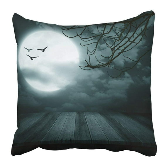 WOPOP Black Autumn Halloween Wooden Floor with Branch and Blurred Full Moon Dark Style Blue Bats Castle Pillowcase 20x20 inch