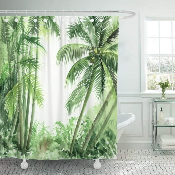 WOPOP Black Tropical Jungle View with Coconut Palms Original Watercolor Painting Blue Calm Polyester Shower Curtain Bathroom Decor 66x72 inches
