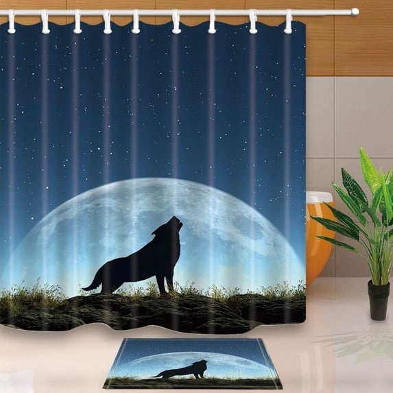 WOPOP Black Wolf Silhouette Howling under the Star Sky Shower Curtain 66x72 inches with Floor Doormat Bath Rugs 15.7x23.6 inches