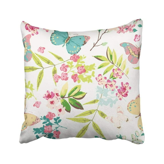 WOPOP Blue Floral Tropical Flower With Butterfly Pattern Spring Oriental Japanese Graphic Summer Pillowcase Cover 20x20 inch
