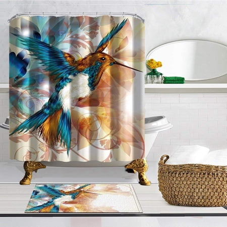 WOPOP Blue hummingbird Shower Curtain 66x72 inches with Floor Doormat Bath Rugs 15.7x23.6 inches