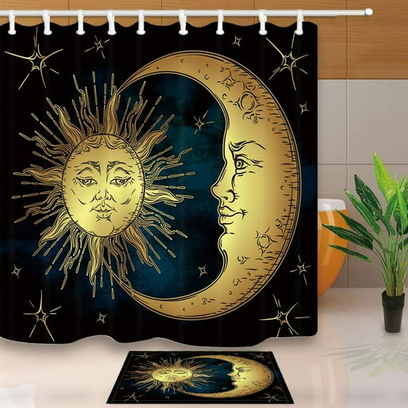 WOPOP Boho Antique Decor Golden Sun Crescent Moon and Stars Over Blue Black Sky Shower Curtain 66x72 inches with Floor Doormat Bath Rugs 15.7x23.6 inches