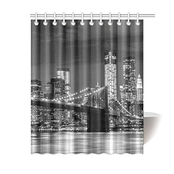 WOPOP Brooklyn Bridge Cityscape Shower Curtain, Manhattan Skyline Night Polyester Fabric Shower Curtain Bathroom Sets with Hooks 60x72 Inches