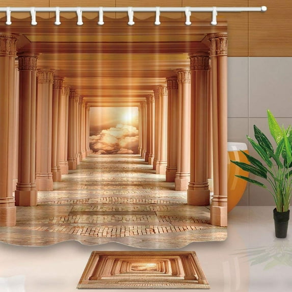 WOPOP Building Fantasy Scene with a Passageway Surrounded by Pillars Shower Curtain 66x72 inches with Floor Doormat Bath Rugs 15.7x23.6 inches