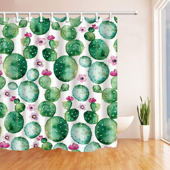 WOPOP Cactus Wallpaper Decor Watercolor Cactus Plants and Purple Flowersfor Polyester Fabric Bathroom Shower Curtain 66x72 inches