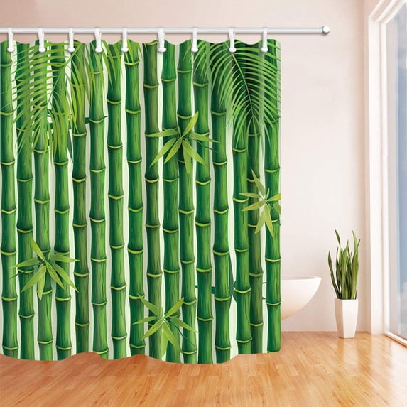 WOPOP Cartoon Bamboo Decor Abstract Background with Tropical Leaves Green Polyester Fabric Bathroom Shower Curtain 66x72 inches