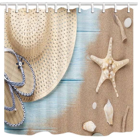 WOPOP Children Sandbeach Starfish Shell Wooden Plank Straw Hat Polyester Fabric Bathroom Shower Curtain 66x72 inches