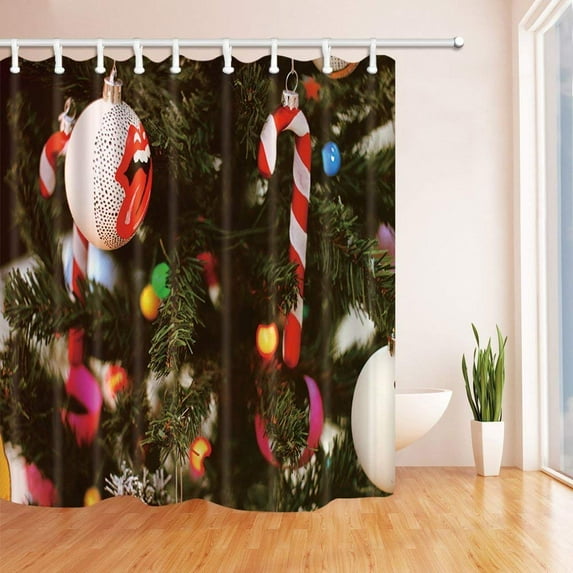 WOPOP Christmas Christmas Balls and Toys Tied to Green Pine Needles Leaf Polyester Fabric Bath Curtain, Bathroom Shower Curtain 66x72 inches