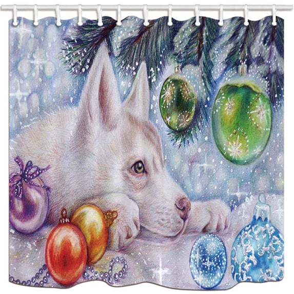 WOPOP Christmas Lovely Dog Christmas Ball Pine Tree Polyester Fabric Bathroom Shower Curtain 66x72 inches