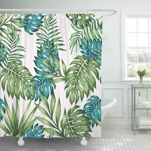 WOPOP Colorful Leaf Blue and Green Tropical Leaves White Palm Abstract Aloha Banana Beach Polyester Shower Curtain Bathroom Decor 66x72 inches