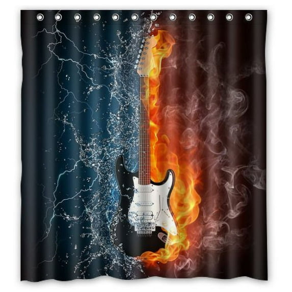 WOPOP Cool Half Forzen And Half Flame Guitar Shower Curtain Waterproof Polyester Fabric Bathroom Curtain 66x72 inch