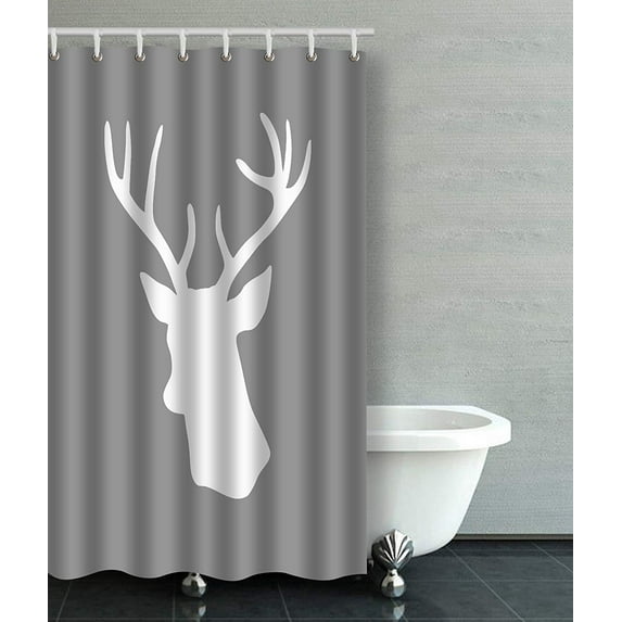 WOPOP Cute White Deer Head Silhouette Gray Bathroom Shower Curtain 36x72 inches