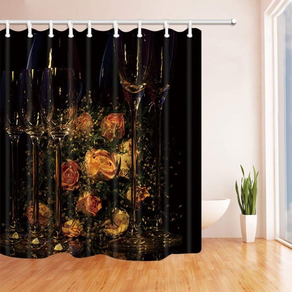 WOPOP Date Time Decor Wine Cups and Roses for Lovers Polyester Fabric Bathroom Shower Curtain 66x72 inches