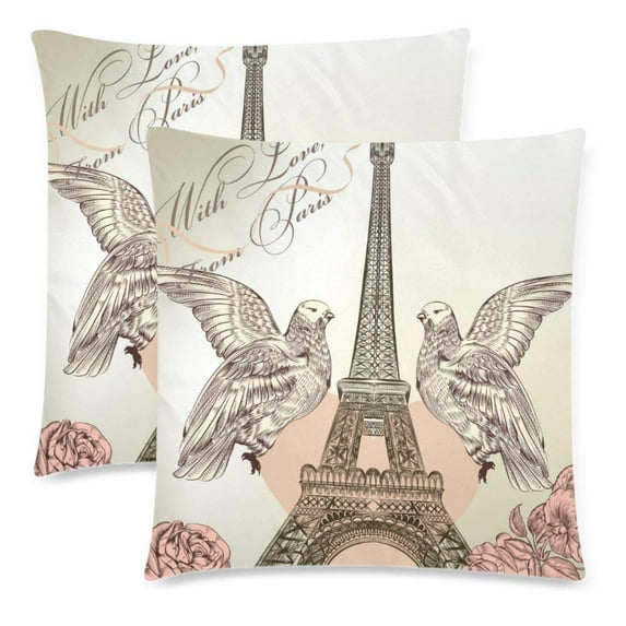 WOPOP Eiffel Tower Rose Couple Birds Square Pillow Cases 18x18 inches Two Sides Printing,Set of 2 Home Sofa Decor