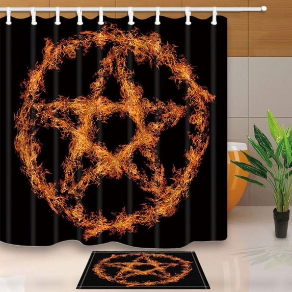 WOPOP Festival Decor Burning Five Pointed Star Shower Curtain 66x72 inches with Floor Doormat Bath Rugs 15.7x23.6 inches