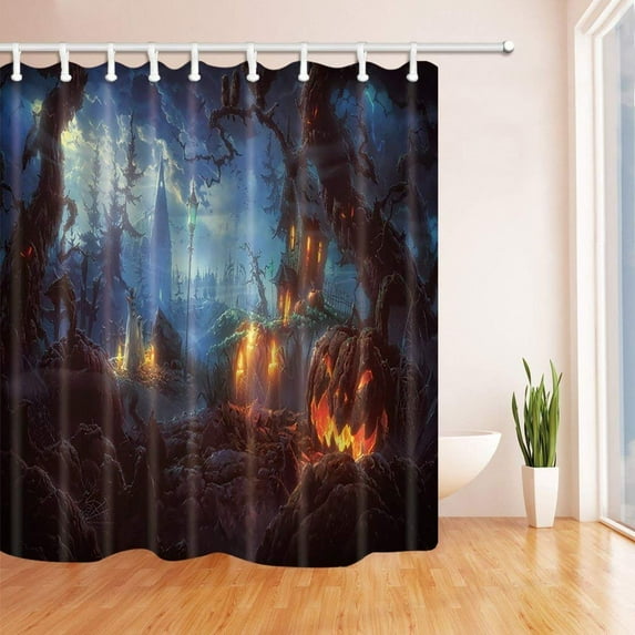 WOPOP Festival Decor Burnning Pumpkin Around the Castle for Halloween Polyester Fabric Bath Curtain, Bathroom Shower Curtain 66x72 inches