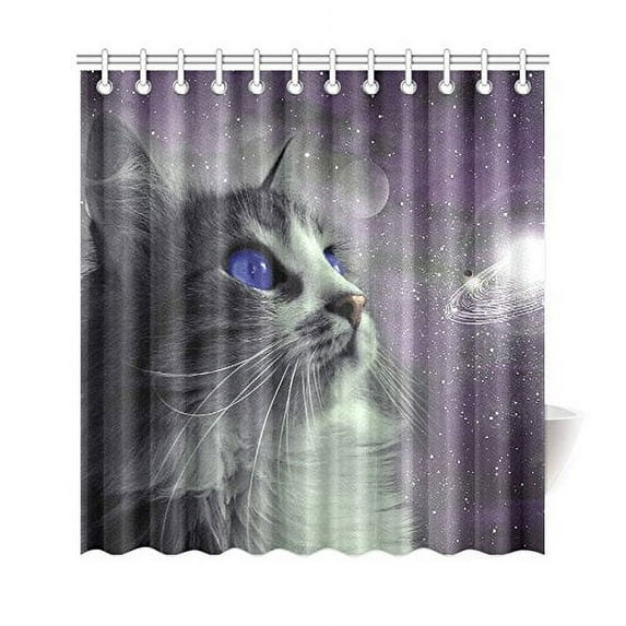 WOPOP Galaxy Nebula Space Planet Shower Curtain, Hipster Cat Polyester Fabric Shower Curtain Bathroom Sets with Hooks 66x72 Inches