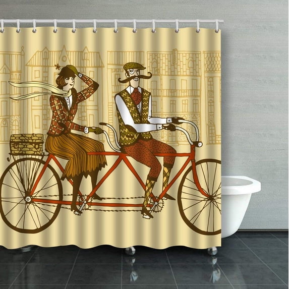 WOPOP Gentleman With Mustaches And Lady In Tweed Costumes Bicycle Riding Shower Curtain Bathroom Curtain 66x72 inches