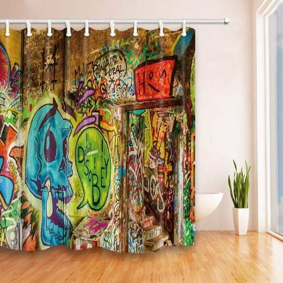 WOPOP Graffiti Skeleton Skull Polyester Fabric Bathroom Shower Curtain 66x72 inches