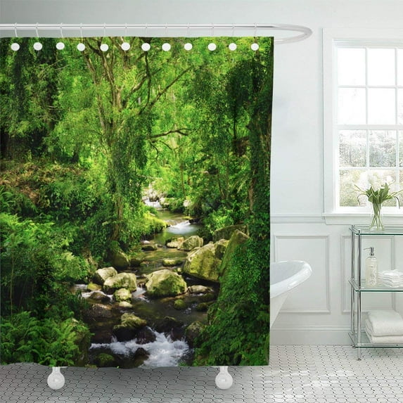 WOPOP Green Jungle Stream in the Tropical Forest Nature Moss Creek Wild Landscape Thailand Polyester Shower Curtain Bathroom Decor 66x72 inches