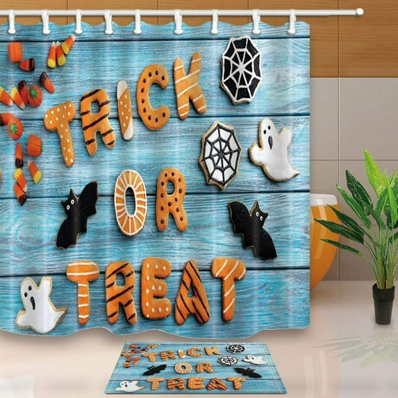WOPOP Halloween Decor Trick Or Treat and Ghost Bats on Turquoise Wooden Shower Curtain 66x72 inches with Floor Doormat Bath Rugs 15.7x23.6 inches