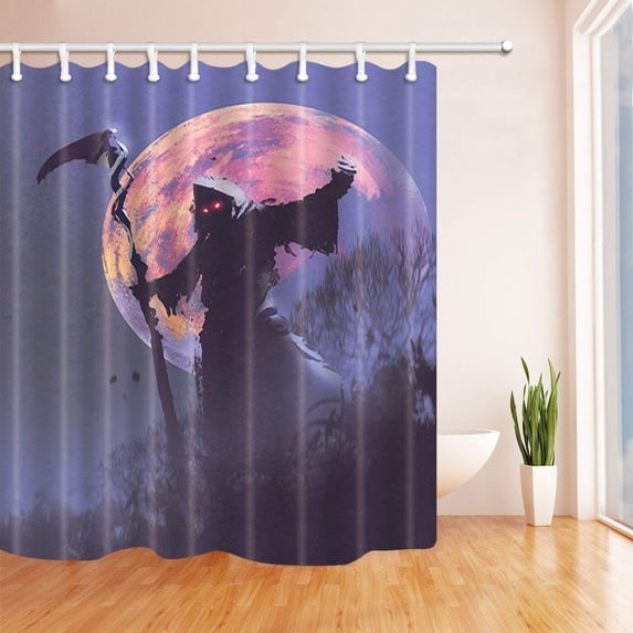 WOPOP Halloween Painting Decor Death with Scythe Standing with Full Moon 75in Long Polyester Fabric Bath Curtain, Bathroom Shower Curtain 66x72 inches