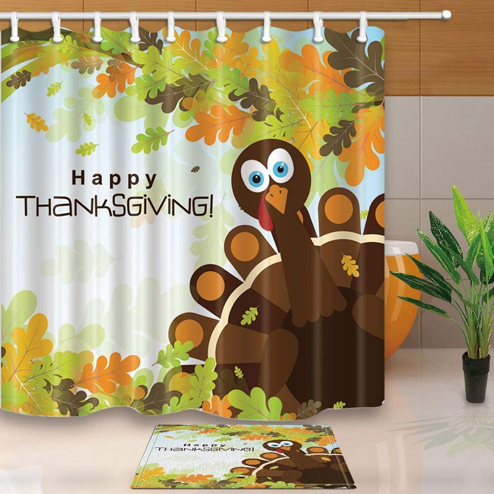 WOPOP Happy Thanksgiving Turkey Shower Curtain 66x72 inches with Floor