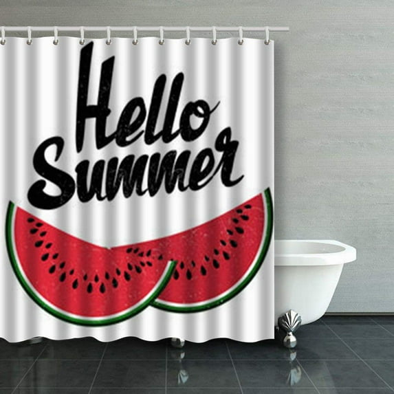 WOPOP Hello Summer Sign Bright Watermelon Isolated Calligraphy Shower Curtains Bathroom Curtain 66x72 Inch