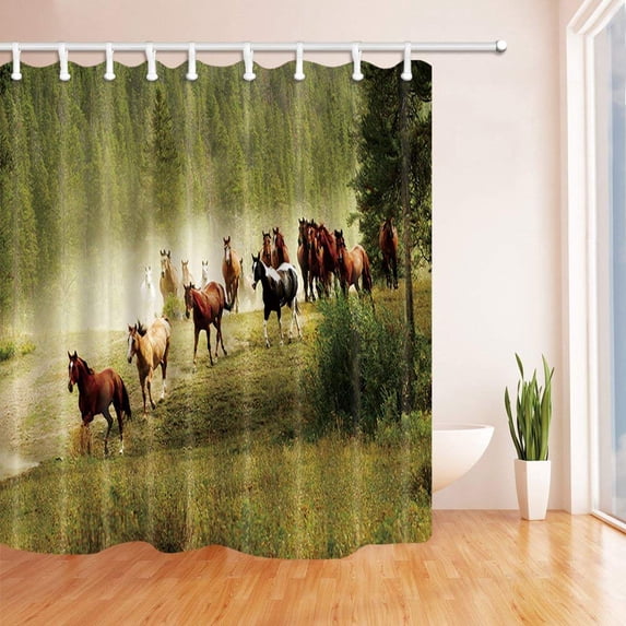 WOPOP Horses Running on Grassland Polyester Fabric Bathroom Shower Curtain 66x72 inches