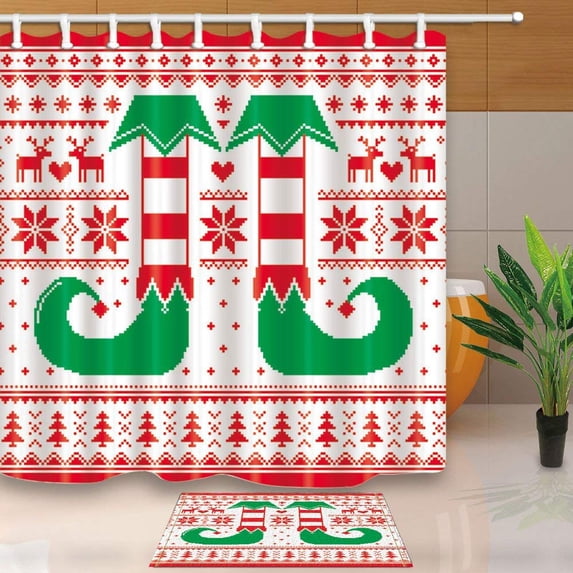 WOPOP Knitting Pattern Christmas Tree Decor Shower Curtain 66x72 inches with Floor Doormat Bath Rugs 15.7x23.6 inches