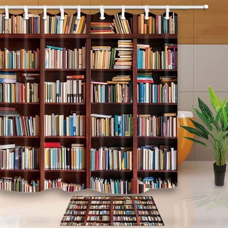 WOPOP Library Decor Old Bookshelf with Hundreds of Books Shower Curtain 66x72 inches with Floor Doormat Bath Rugs 15.7x23.6 inches