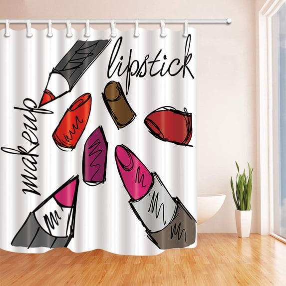 WOPOP Make Up Decor Cartoon Lipstick for Beauty Red Polyester Fabric Bathroom Shower Curtain 66x72 inches