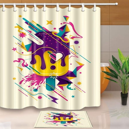 WOPOP Modish Colorful Abstract Composition with Ice Cream Shower Curtain 66x72 inches with Floor Doormat Bath Rugs 15.7x23.6 inches