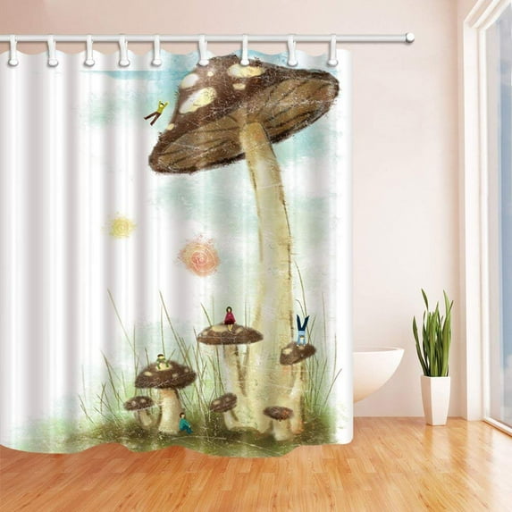 WOPOP Mushroom Decor Kids Playing on the Mushroom Polyester Fabric Bathroom Shower Curtain 66x72 inches