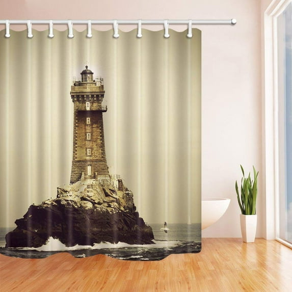 WOPOP Nautical Decor Brick Wall Lighthouse on the Island in Waves Polyester Fabric Bathroom Shower Curtain 66x72 inches