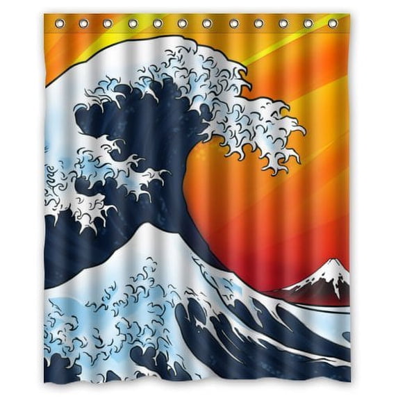 WOPOP Painting Waves Turned Up Waterproof Bathroom Fabric Shower Curtain 60x72 inches
