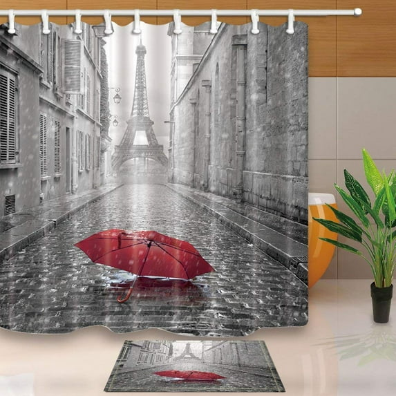 WOPOP Paris France Decor Red Umbrella in Rain Eiffel Tower Shower Curtain 66x72 inches with Floor Doormat Bath Rugs 15.7x23.6 inches