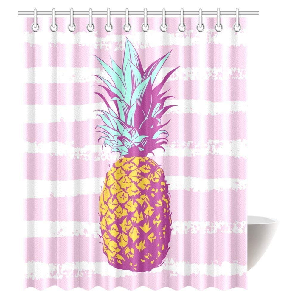 WOPOP Pineapple with Pink White Striped Shower Curtain, Exotic Tropical Fruit Pineapple Bathroom