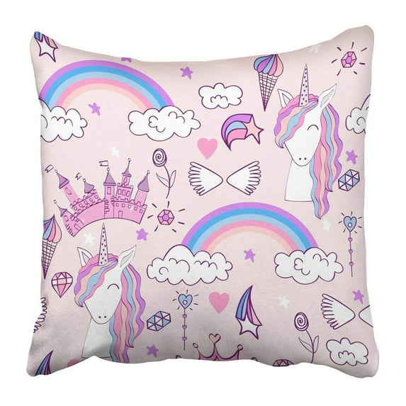 WOPOP Pink Animal Magic Cute Unicorn with White Baby Cartoon Castle Child Cloud Crown Diamond Pillowcase 20x20 inch