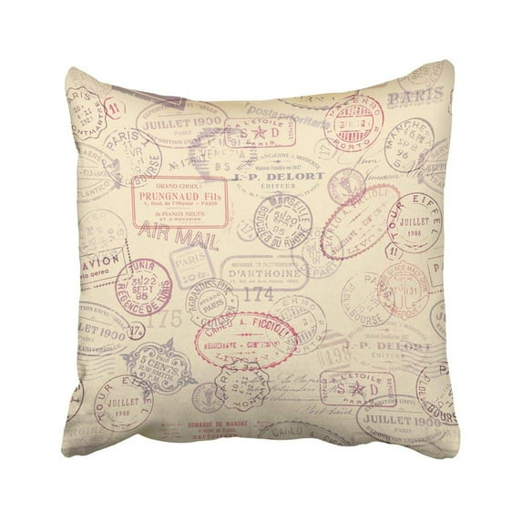 WOPOP Pink Travel Seamlessly Tiling Postage Pattern With Vintage Stamps Blue Paris French Old Pillowcase Cover 18x18 inch