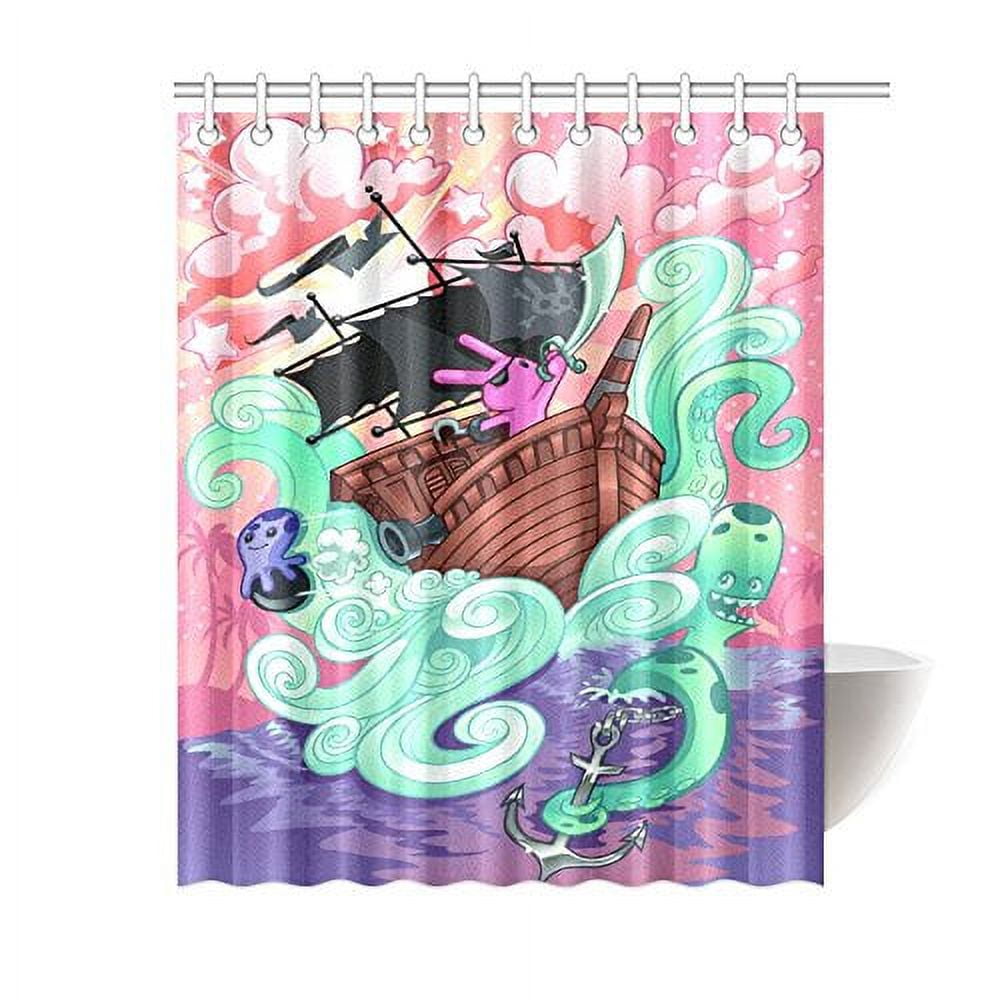 Pirate Ship Shower Curtain - Vintage Nautical Theme With Full Moon Ocean Design, Polyester Bathroom Decor